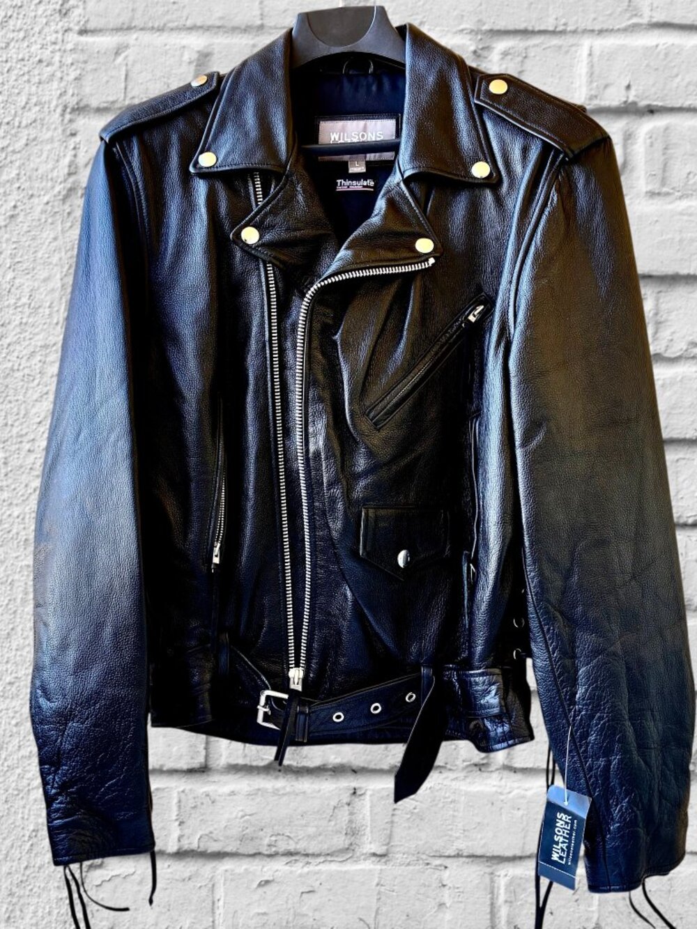 WILSONS THINSULATE Black Leather Moto Biker Punk Jacket Zip Belt Mens Large NEW